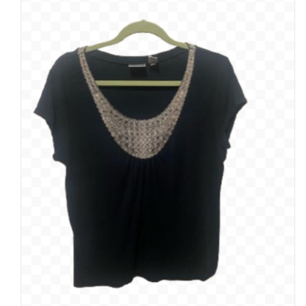Chico's Black and Silver Embellished Short Sleeve Blouse Size 3 (XL)